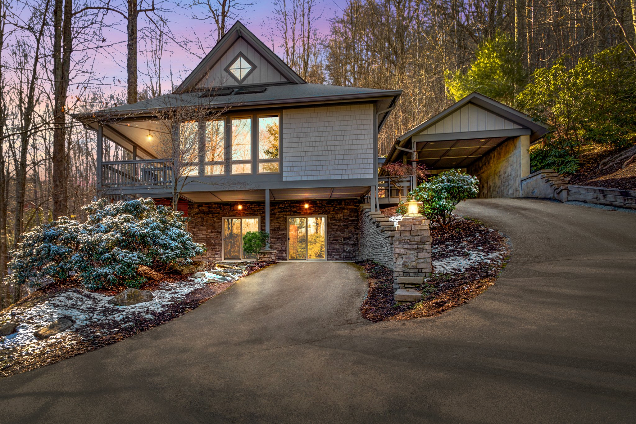 boone nc home for sale driveway view with landscaping