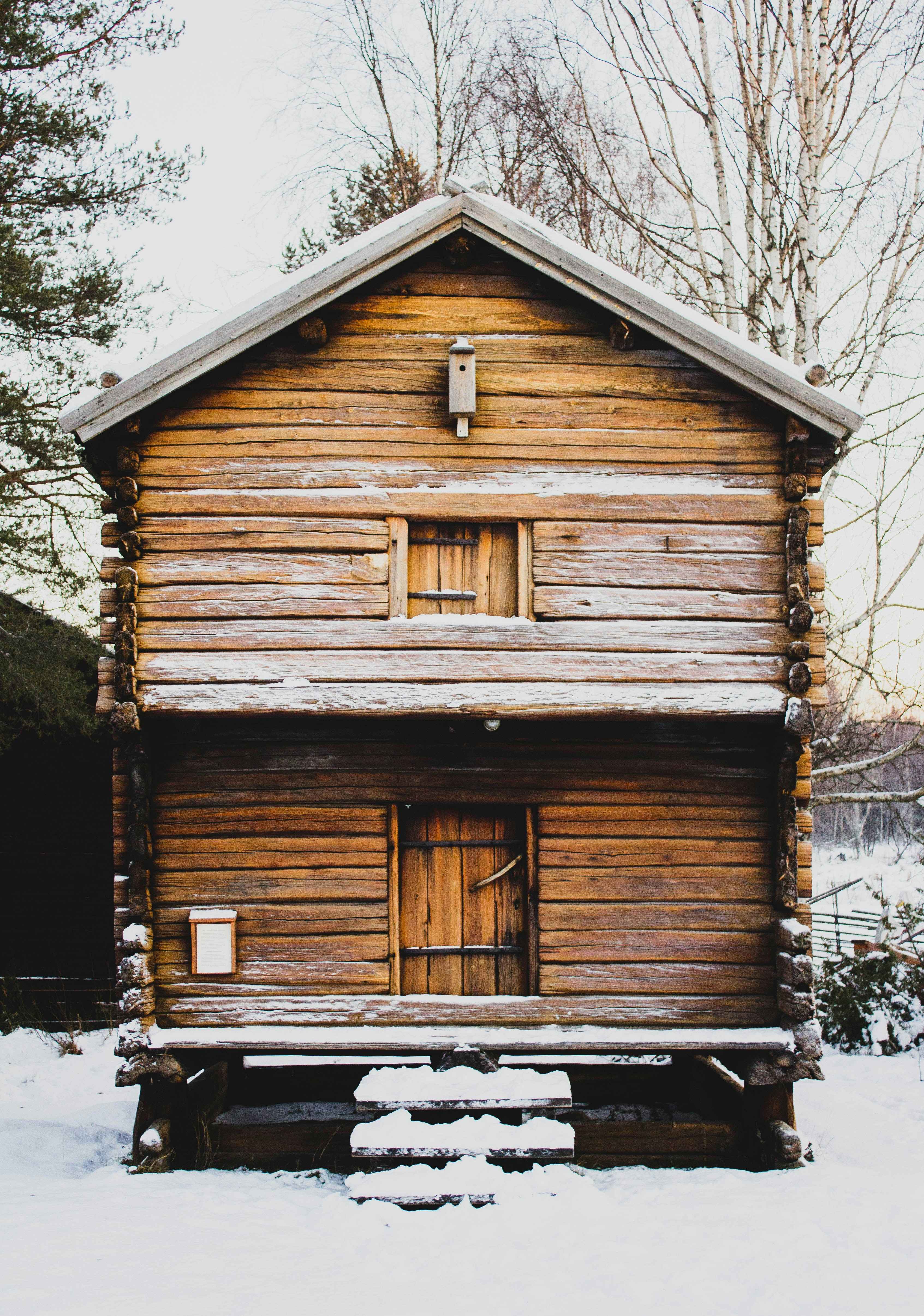 log cabin in snowy winter for sale in the High Country