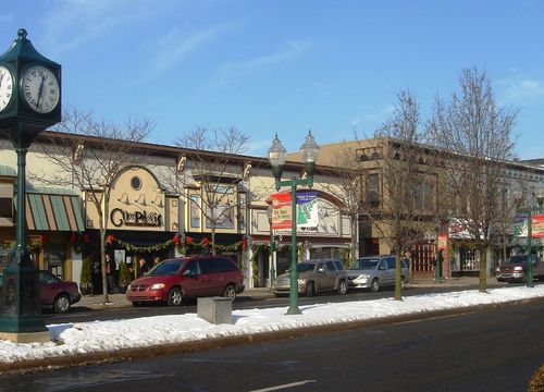 This image shows a street in downtown Plymouth, Michigan, during the winter