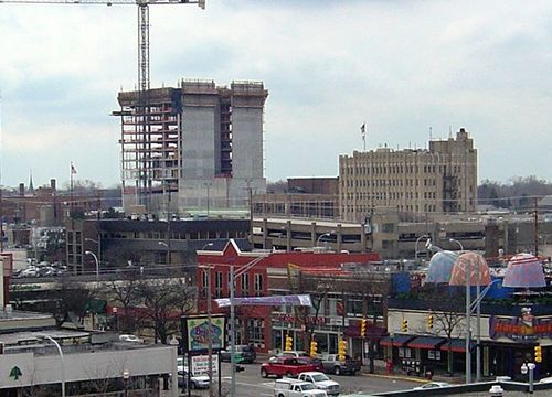 The image shows the skyline of downtown Royal Oak, Michigan