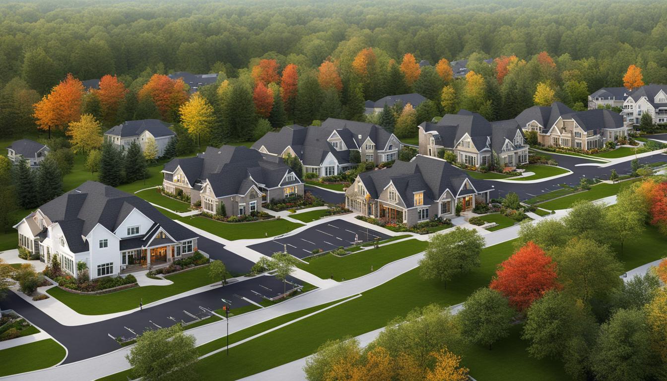 Aerial view of a neighborhood with modern homes and colorful autumn trees