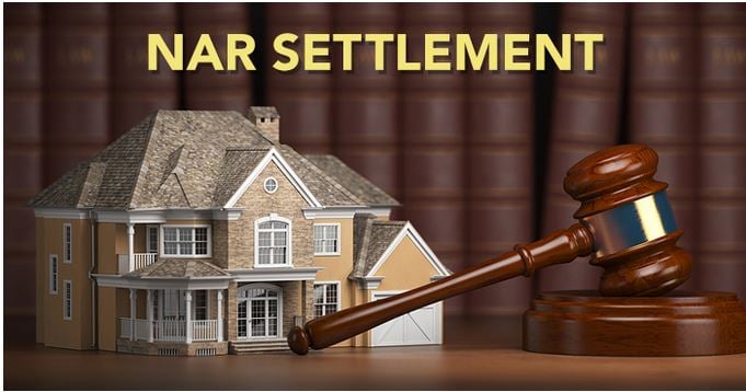 Legal settlement in real estate, symbolized by a house, a gavel, and the text "NAR Settlement" in the background