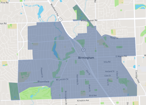 This is a map of Birmingham, Michigan, a city in Oakland County.