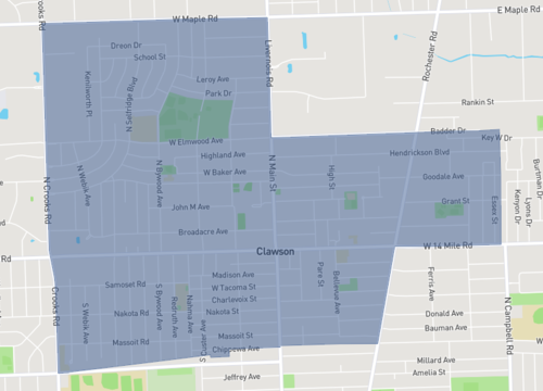 Map image of Clawson , showing the layout and streets of the area