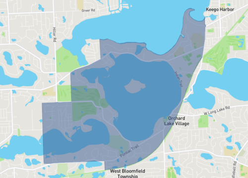 Map image of Orchard lake, showing the layout and streets of the area