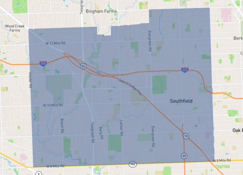 Map image of Southfield , showing the layout and streets of the area