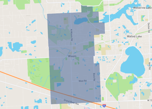 Map image of Wixom, showing the layout and streets of the area