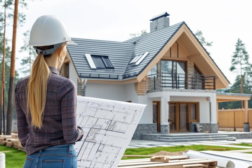 A girl holding a house plan, looking at the house in front of her