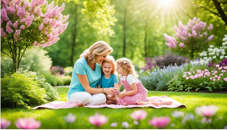 A mother spends quality time with her two daughters, smiling and bonding together in a beautiful blossoming garden.
