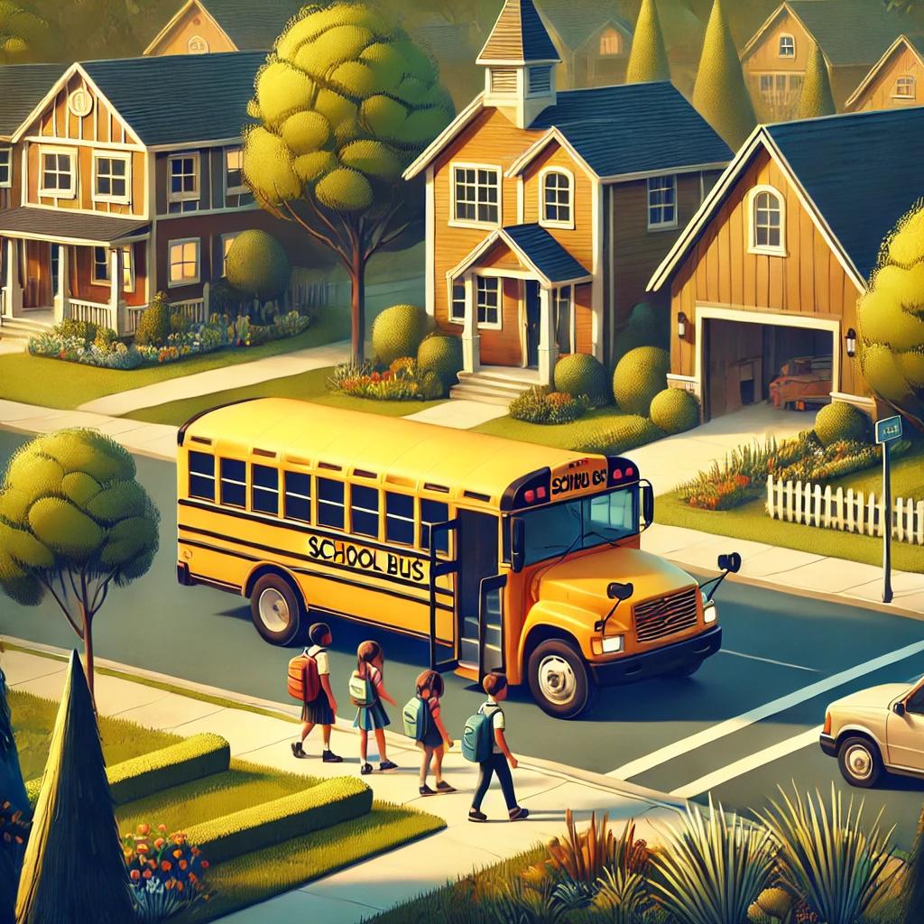 School bus stopping in a suburban neighborhood with children boarding, representing a family-friendly community with a focus on education and quality schools