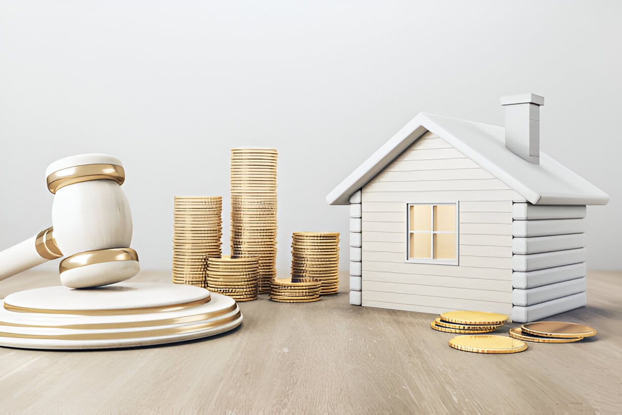 The image shows white model house, stacks of golden coins and a wooden gavel