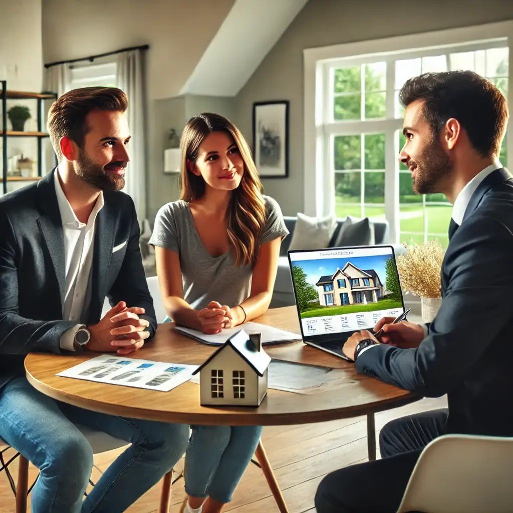 A professional real estate consultation scene in Oakland County, Michigan. A friendly real estate agent sits at a modern office table with a couple,