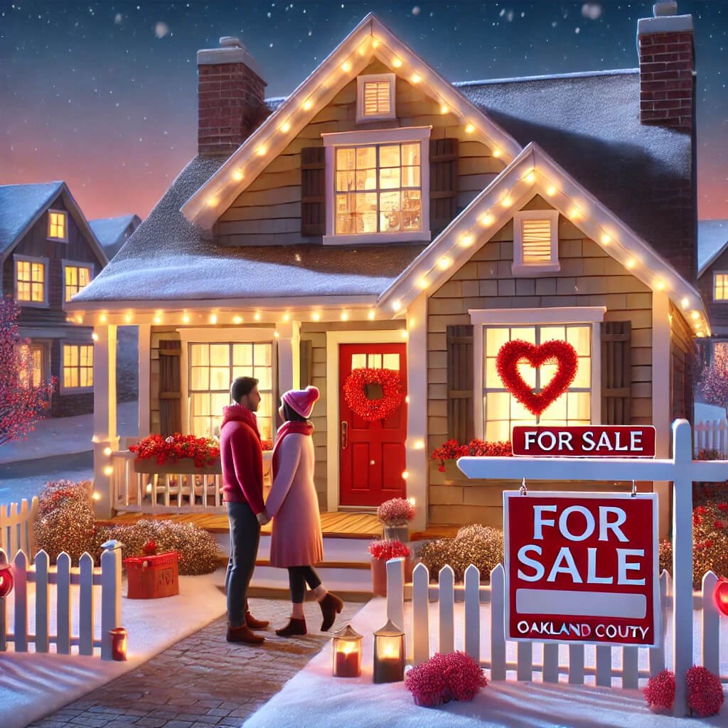 A romantic Valentine's Day-themed real estate scene in Oakland County Michigan A cozy beautifully staged home with warm lighting red and pink deco