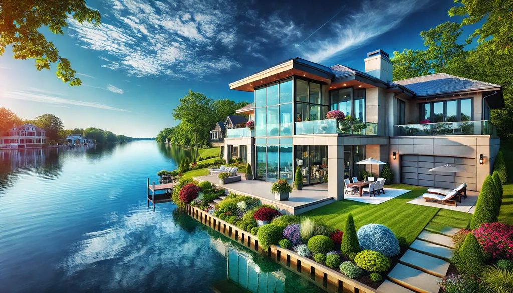 DALL·E 2025-03-21 18.20.19 - A breathtaking view of a luxurious waterfront property in West Bloomfield, Michigan. A modern two-story house with large glass windows offering a pano (1)