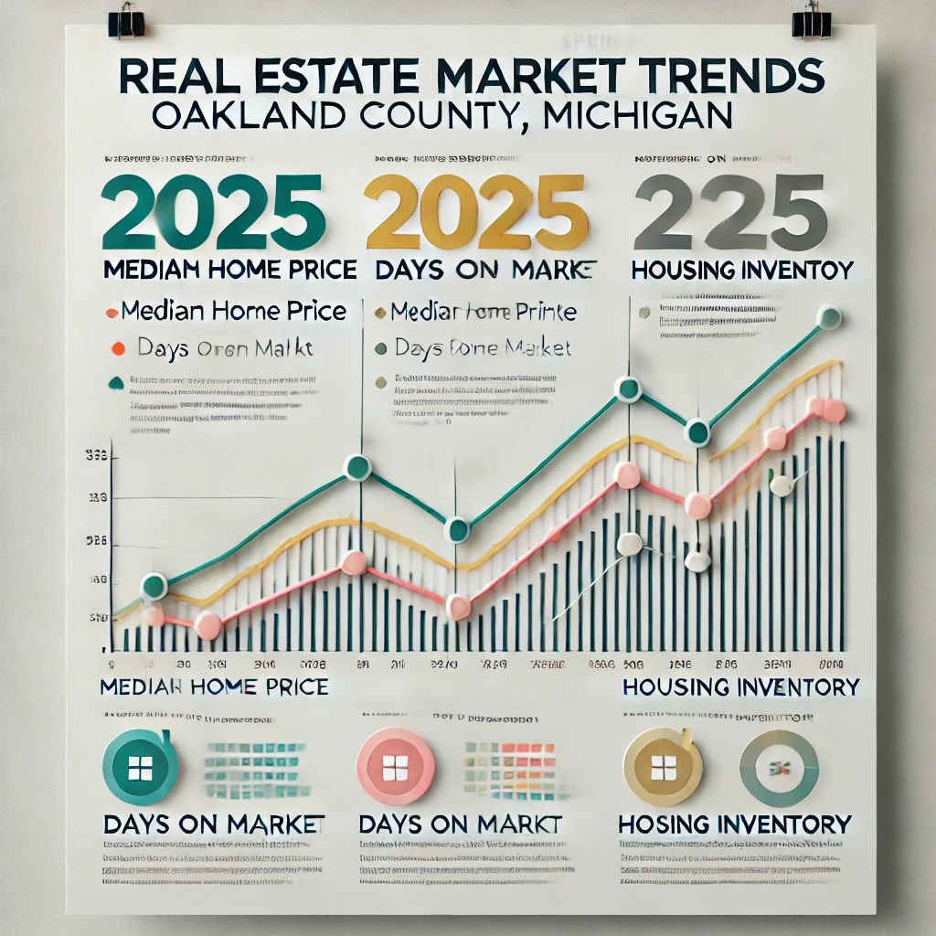 Oakland County Michigan real estate market trends 2025 infographic showing median home price, days on market, and housing inventory changes