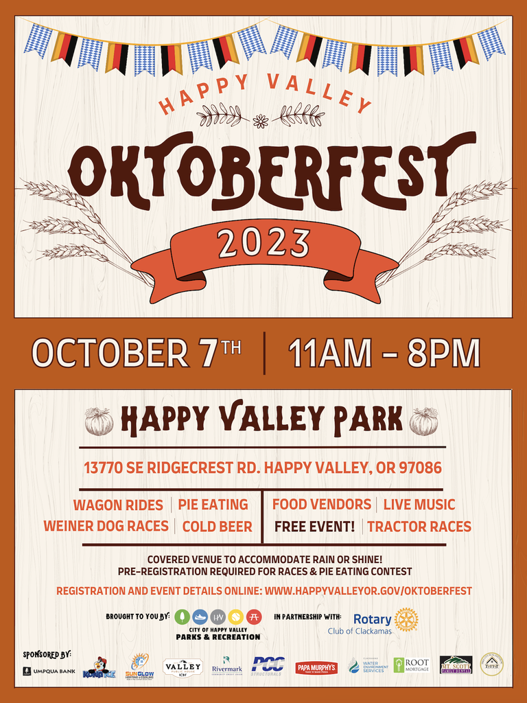 Flyer featuring event details for Happy Valley Oktoberfest on Oct 7 at Happy Valley Park, Favor Realty Group