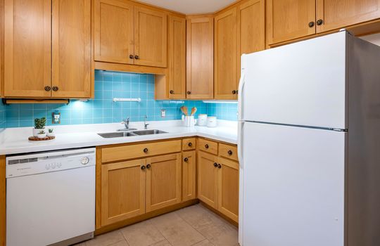 Wood Cabinetry, MCM Aqua Blue Tile and Quartz Counters