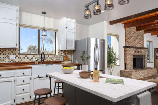 Charming Kitchen With Hexagon Saltillo Tile - Digitally Staged