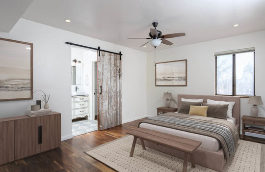 Primary Bedroom With Ensuite Bath and Walk-In Closet- Digitally Staged
