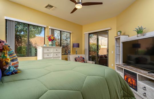 The primary suite is separated from the other guest bedroom for privacy