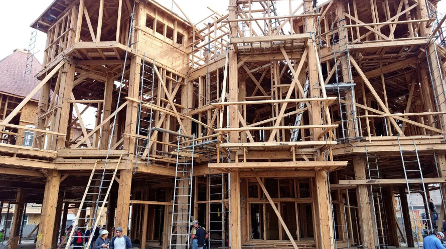 Construction site with wooden framing in progress