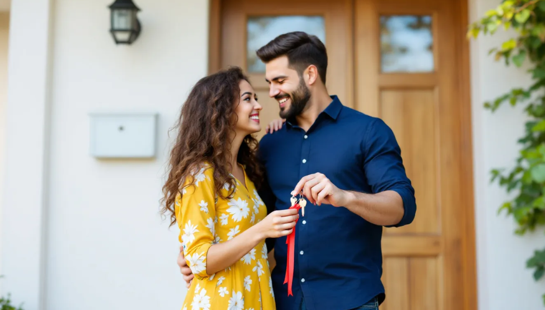 new homeowners in front of their house