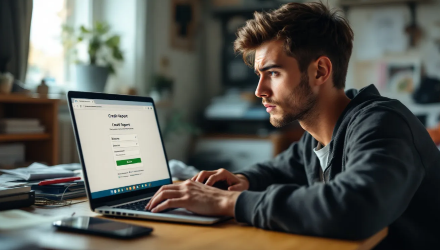 young adult checking credit report on laptop