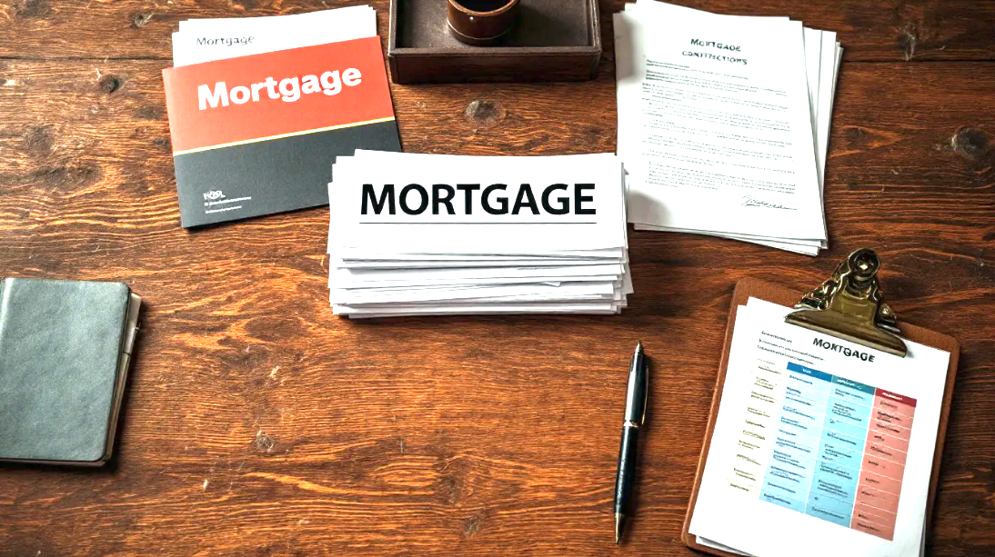 Stack of mortgage documents on a wooden desk