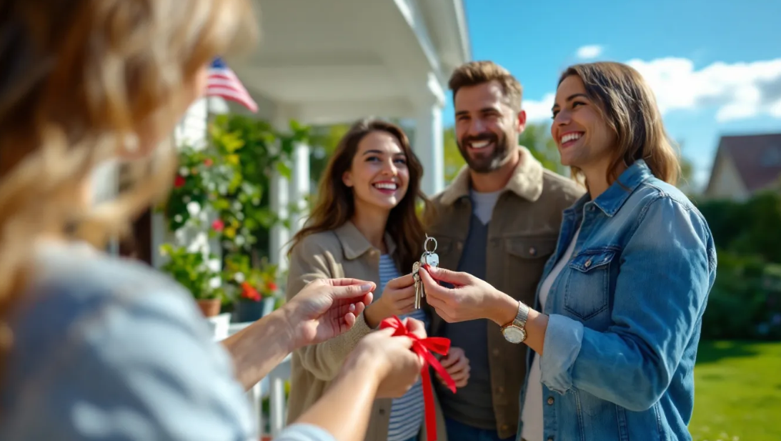 real estate agent handing keys to new homeowners