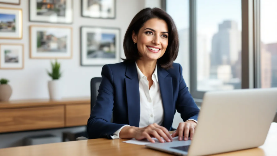 real estate agent writing property listing on laptop
