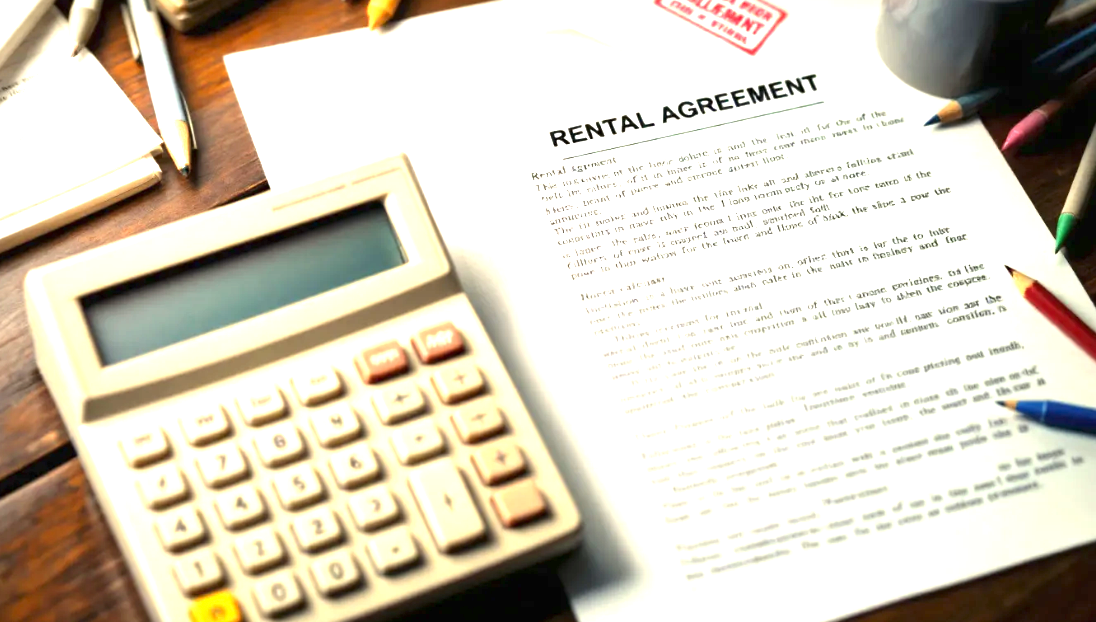 calculator and rental agreement on desk