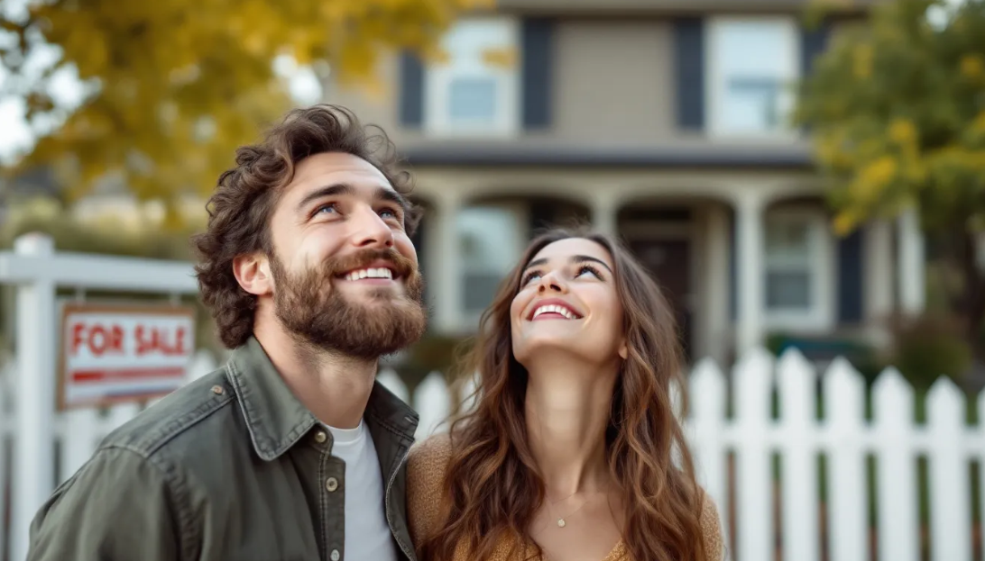 Young couple looking at a house for sale