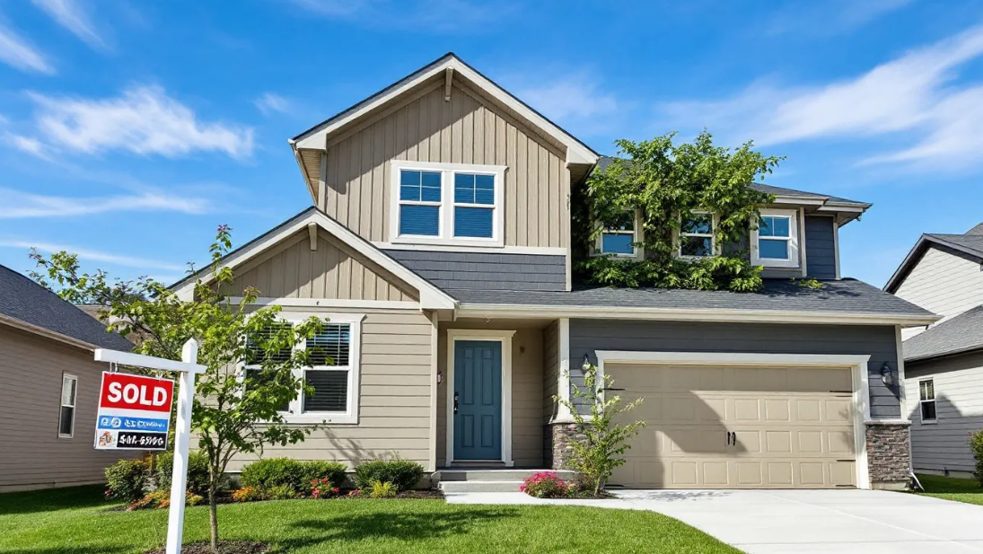 Modern suburban house with sold sign