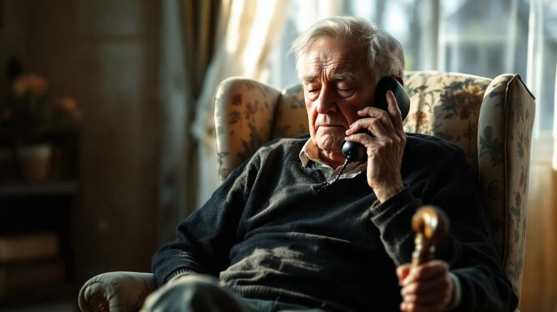 Elderly man answering a worried phone call