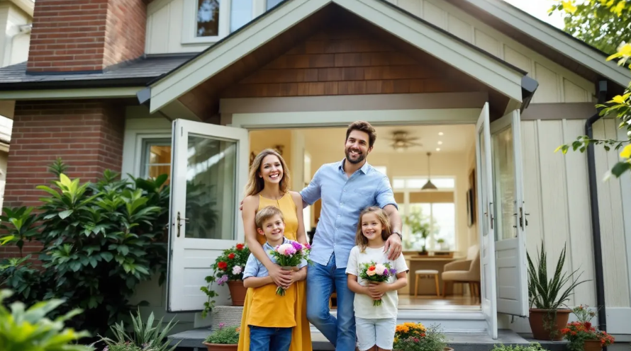 family standing in front of new home