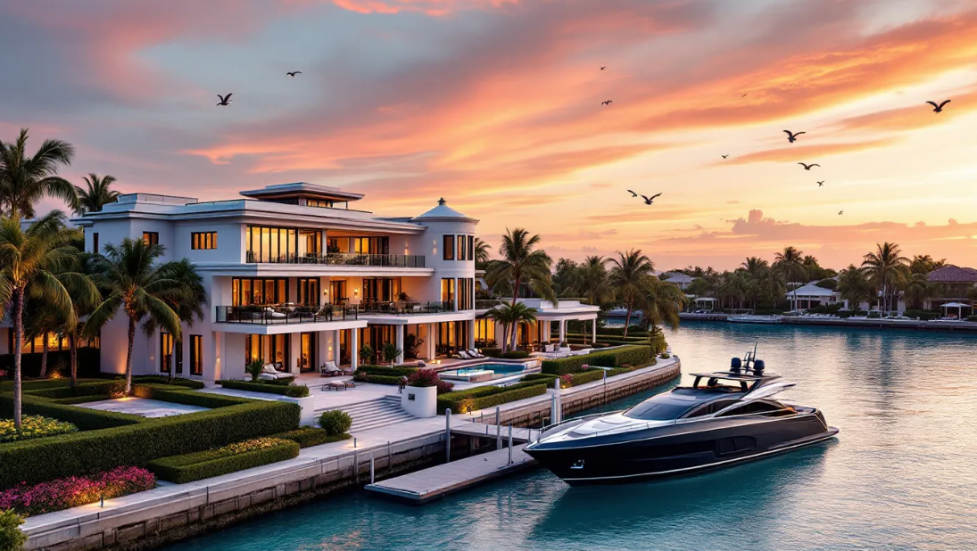 Palm Beach waterfront estate at sunset