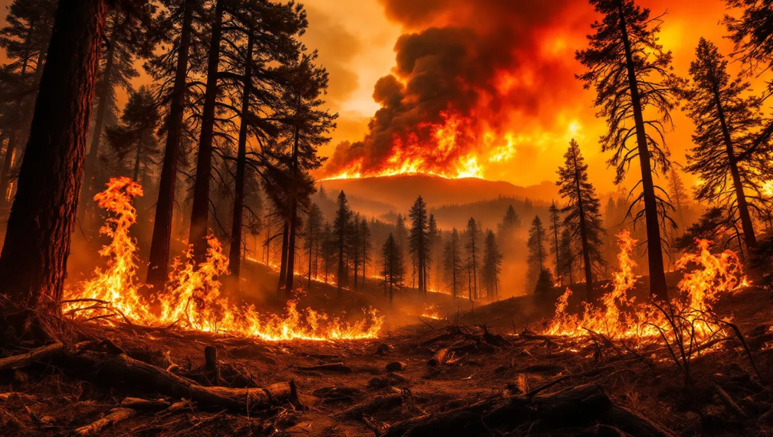 Burning wildfire engulfing California forest