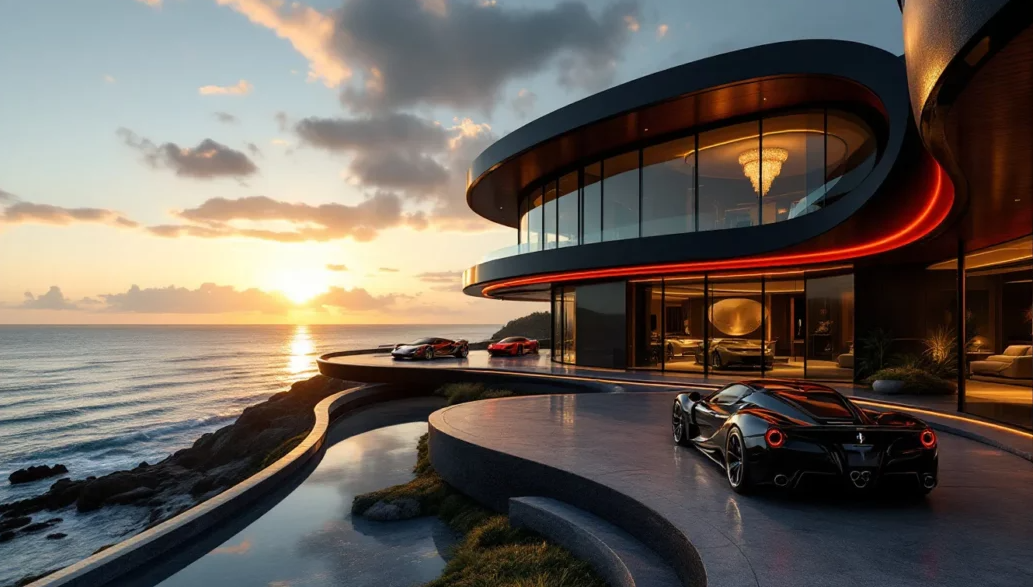 Ferrari-inspired luxury mansion with oceanfront views, featuring high-end car showroom and modern architecture.