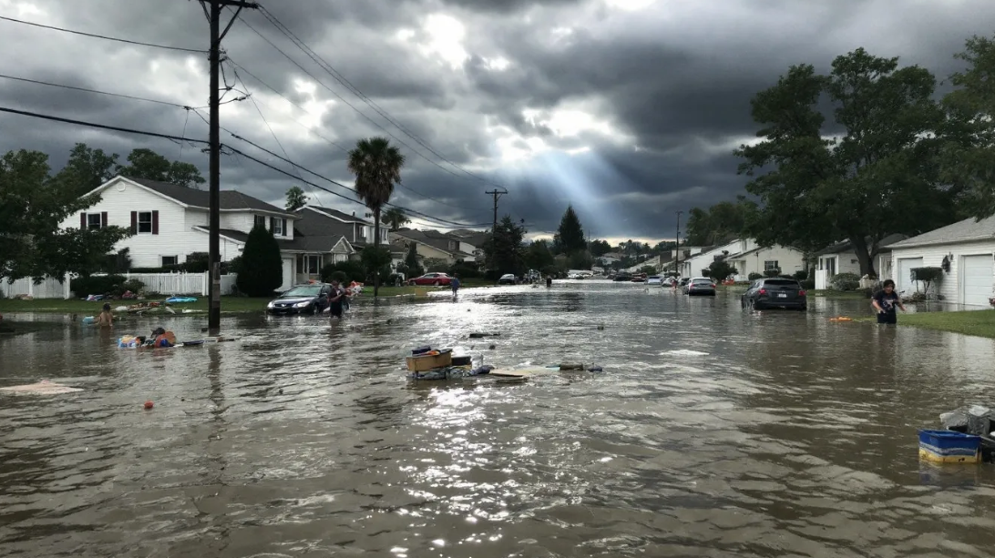 Flooded suburban neighborhood after heavy rainfall
