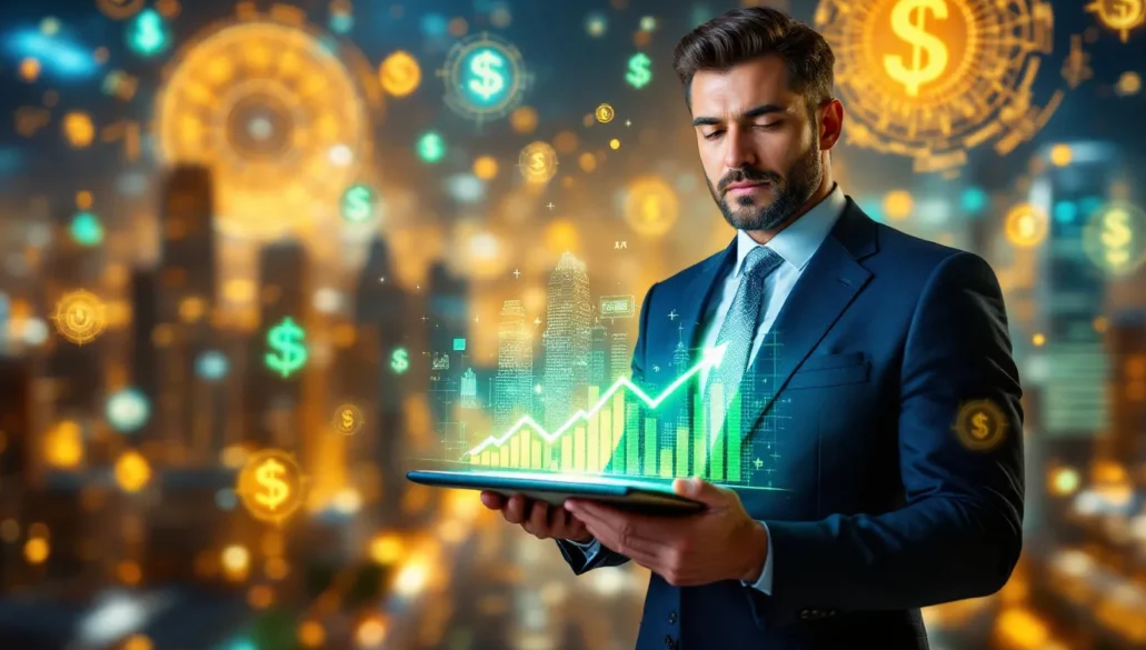 A real estate agent holding a tablet with an AI-powered sales chart, surrounded by digital real estate analytics icons and a futuristic cityscape.