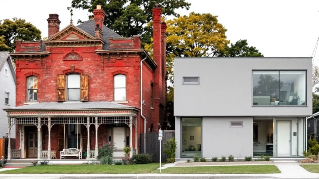 A historic red brick home next to a modern gray house
