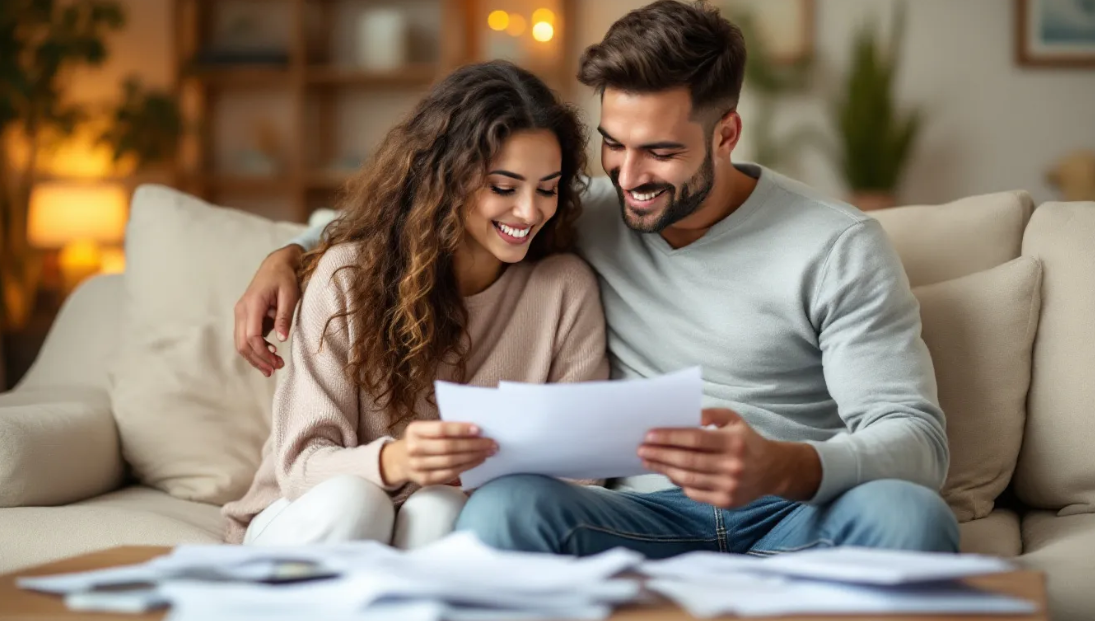 Happy couple reviewing paperwork at home