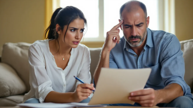 Worried couple reviewing home loan documents
