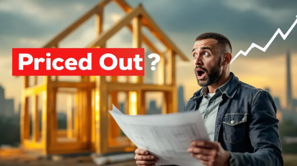 Shocked homebuyer in front of expensive half-built home with gold lumber and a DC skyline highlighting rising building material cost impact on Washington DC housing market
