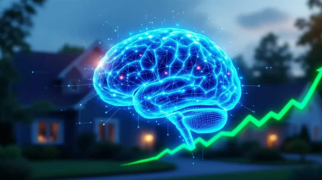 AI mortgage underwriting concept with digital brain processing loan data over a house, symbolizing fast and efficient mortgage approvals.