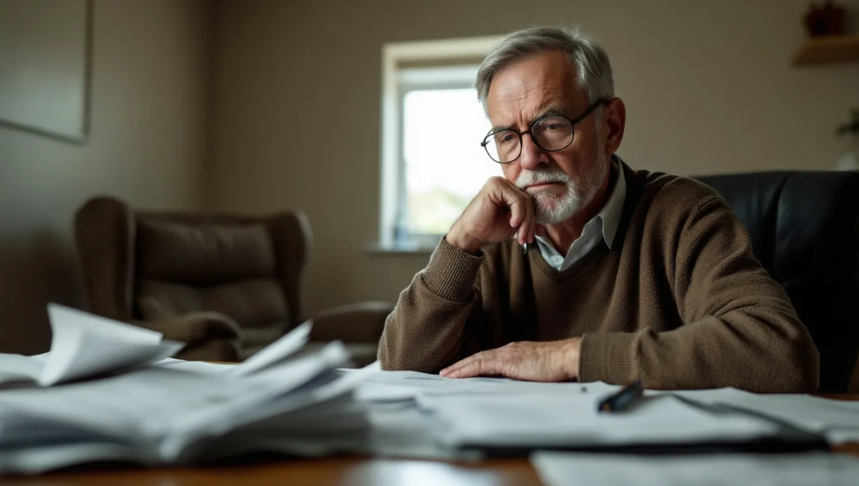 concerned senior looking at financial documents
