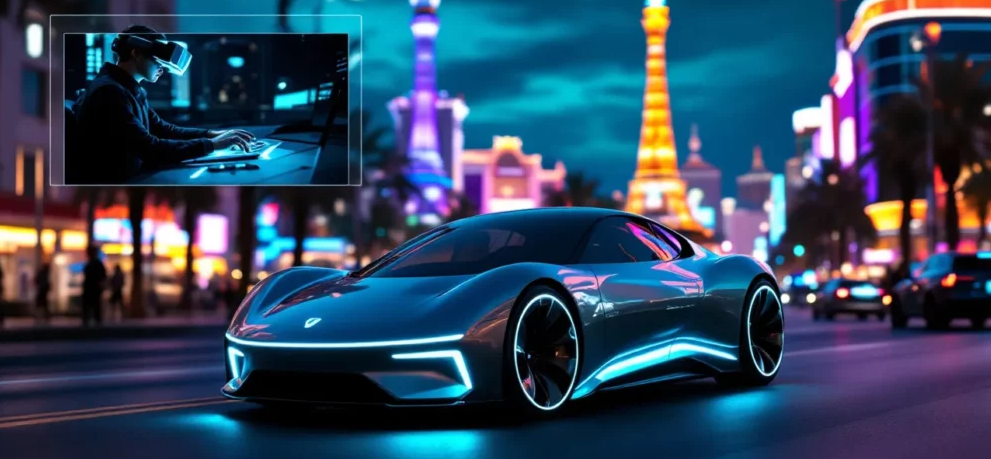 Futuristic electric car remotely driven on Las Vegas Strip with teleoperator controlling it from command center