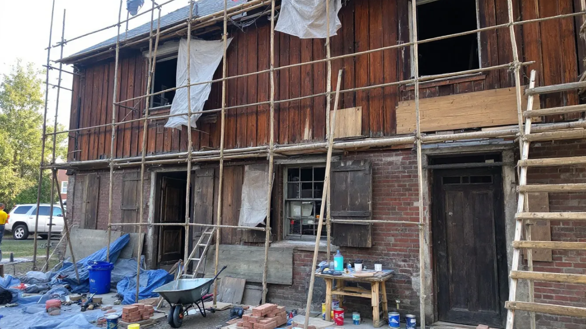 old house with scaffolding and tools