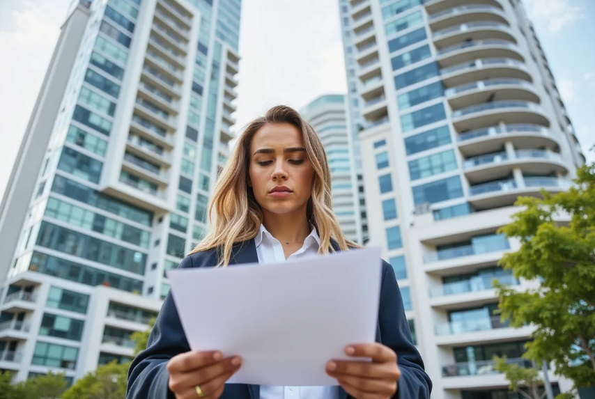 a concerned young professional reading a lease agreement with a rising rent notice, standing in front of a modern high-rise apartment complex in Washington, DC