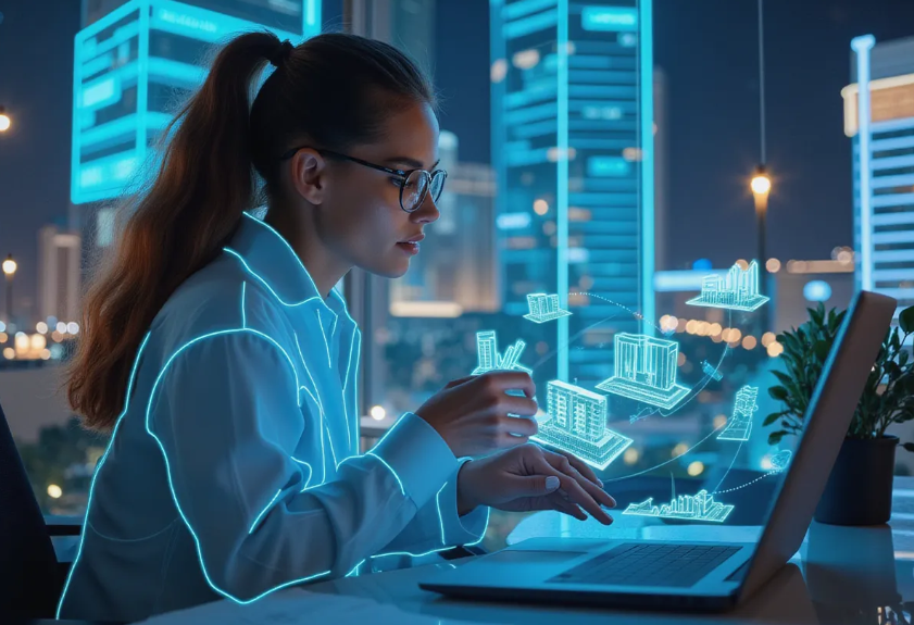 a real estate agent analyzing futuristic AI-powered software on a sleek laptop, with holographic property listings and predictive market analytics glowing around them